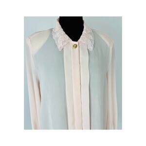 Vintage Sheer Pink Lace Embroidered Collar Shirt Blouse Size 10 Medium Romantic